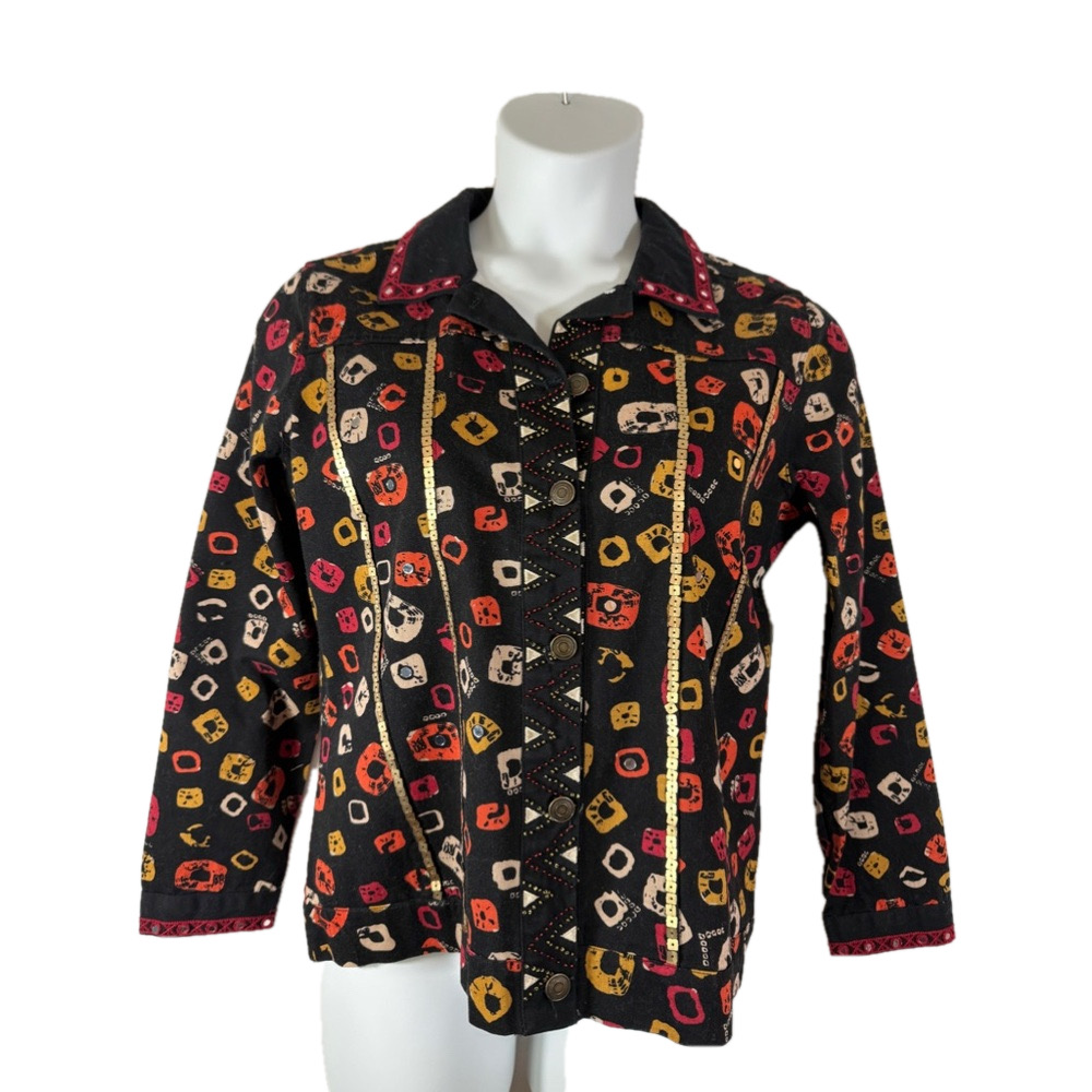Thomas & Olivia Black Multi Color Sequined Beads Embroidery Denim Jacket SKU0599 - Picture 3 of 13